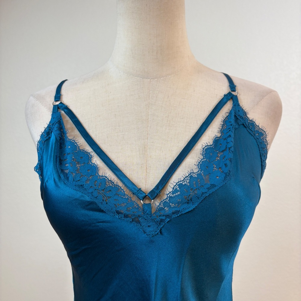Victoria's Secret Slip Robe Set S Teal Blue Satin Lace Trim Romanitc Nightie - Picture 7 of 14